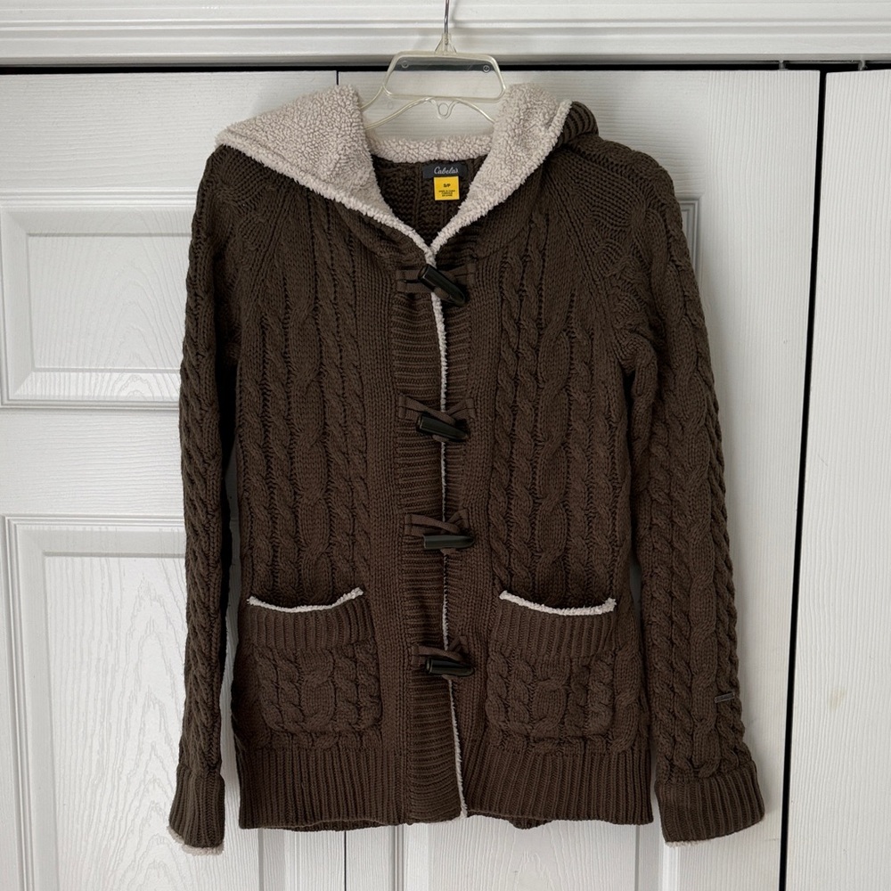 Cabela's Brown Green Cable Knit Hooded Cardigan Size S P